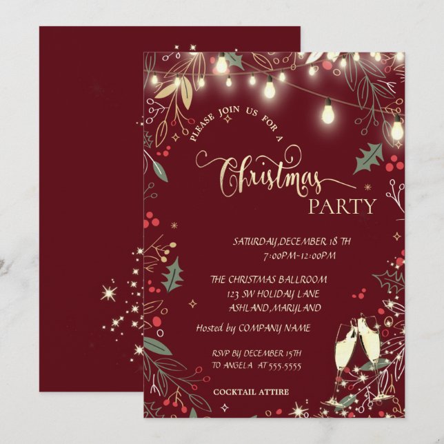 Invitación Holly Berry,Luces,Fiesta de Navidad de la Compañía (Anverso / Reverso)
