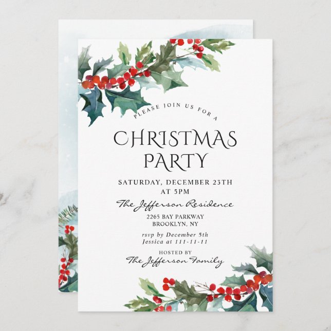 Invitación Holly Berry Navidades Mistletoe Holiday Party (Anverso / Reverso)