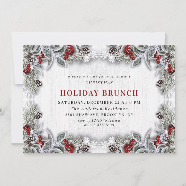 Invitación Holly Berry Pine Cones Branch HOLIDAY BRUNCH (Anverso)