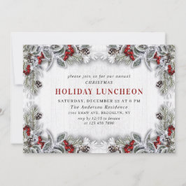 Invitación Holly Berry Pine Cones Branch HOLIDAY LUNCHEON