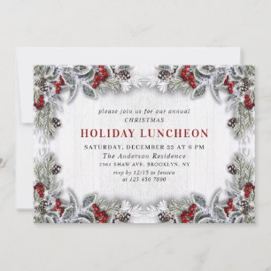 Invitación Holly Berry Pine Cones Branch HOLIDAY LUNCHEON