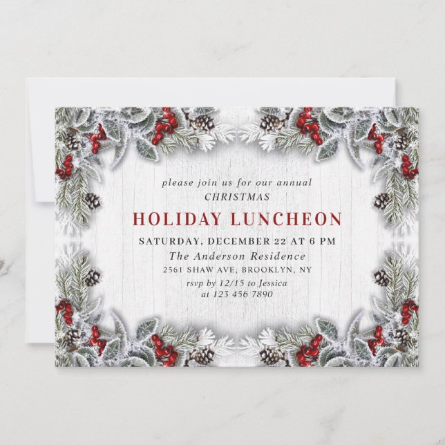 Invitación Holly Berry Pine Cones Branch HOLIDAY LUNCHEON (Anverso)