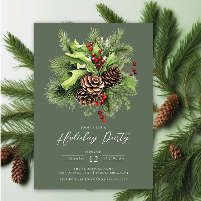 Invitación Holly Berry Pine Holiday Party (Subido por el creador)