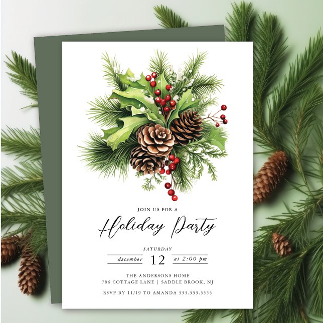Invitación Holly Berry Pine Holiday Party (Subido por el creador)