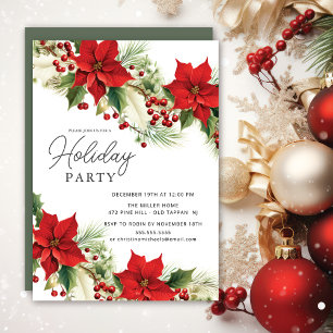 Invitación Holly Berry Poinsettia Holiday Party
