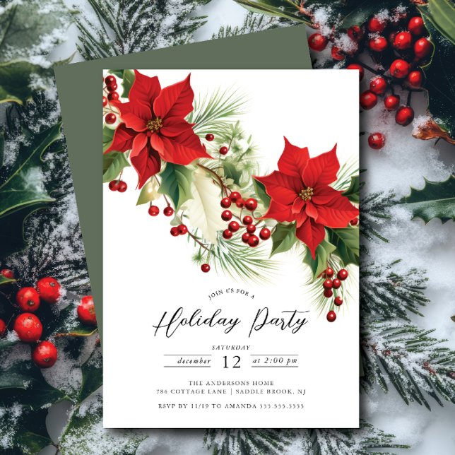 Invitación Holly Berry Poinsettia Holiday Party (Subido por el creador)