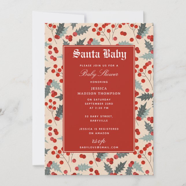 Invitación Holly Berry Santa Baby Shower moderno (Anverso)
