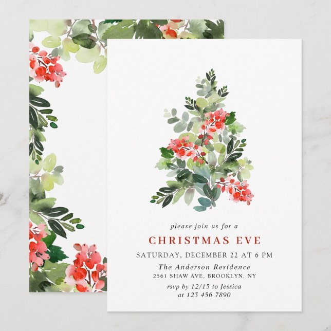 Invitación Holly Berry Tree Navidades de fiesta de feriado (Anverso / Reverso)