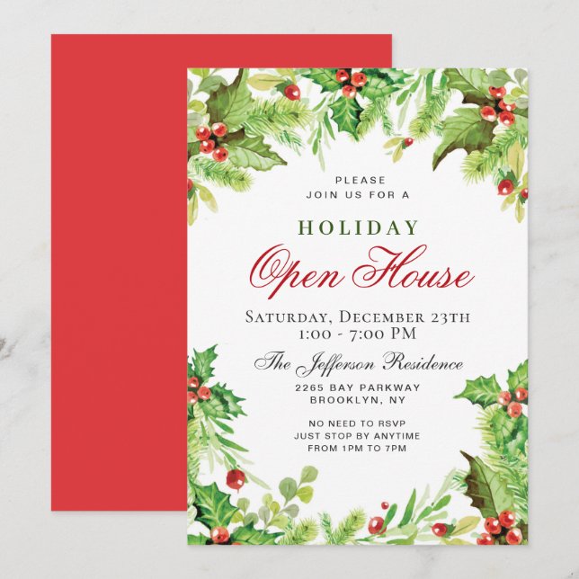 Invitación Holly Berry Wreath Navidades Holiday OPEN HOUSE (Anverso / Reverso)