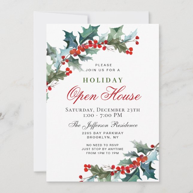 Invitación Holly Berry Wreath Navidades Holiday OPEN HOUSE (Anverso)