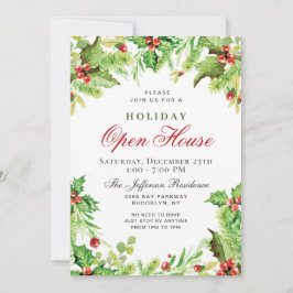 Invitación Holly Berry Wreath Navidades Holiday OPEN HOUSE
