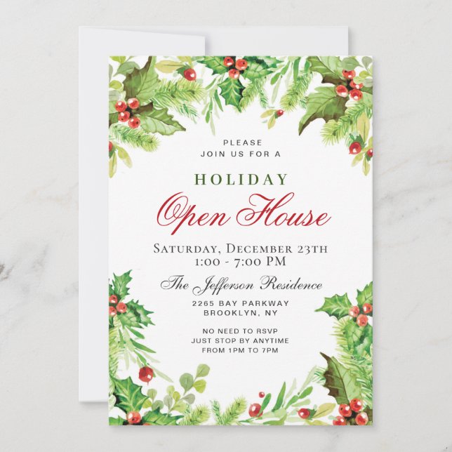 Invitación Holly Berry Wreath Navidades Holiday OPEN HOUSE (Anverso)