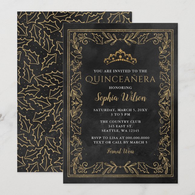 Invitación Holly Black Gold Princess Tiara Quinceañera (Anverso / Reverso)