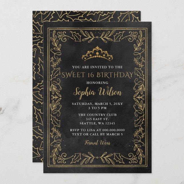 Invitación Holly Black Gold Princess Tiara Sweet 16 Cumpleaño (Anverso / Reverso)