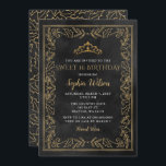 Invitación Holly Black Gold Princess Tiara Sweet 16 Cumpleaño<br><div class="desc">Elegante Vintage Navidad Holly Mistletoe Princesa de Oro Negro Tiara Sweet 16 cumpleaños Invitación</div>