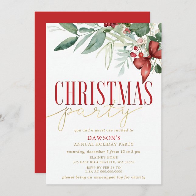 Invitación Holly Botanical Corporate Christmas Party  (Anverso / Reverso)