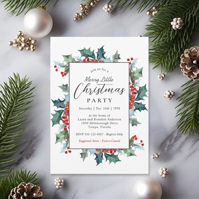 Invitación Holly Evergreens Merry Little Navidades Fiesta (Available in both printed and instant download digital formats.)