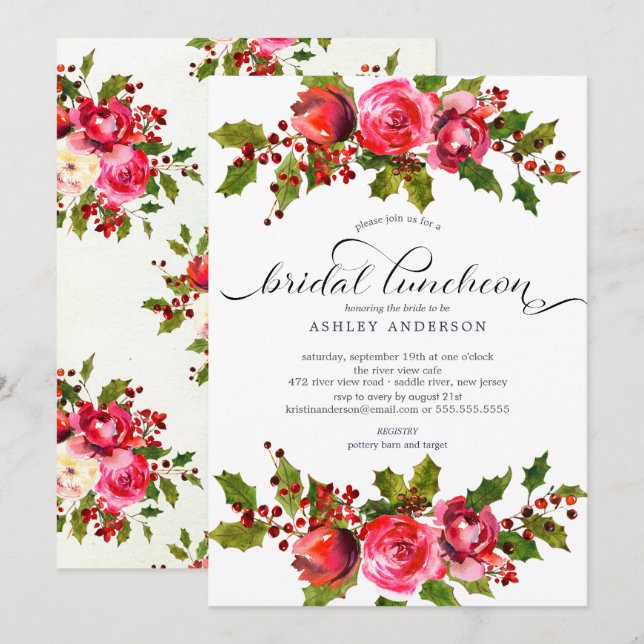 Invitación Holly Floral Bridal Shower Luncheon (Anverso / Reverso)