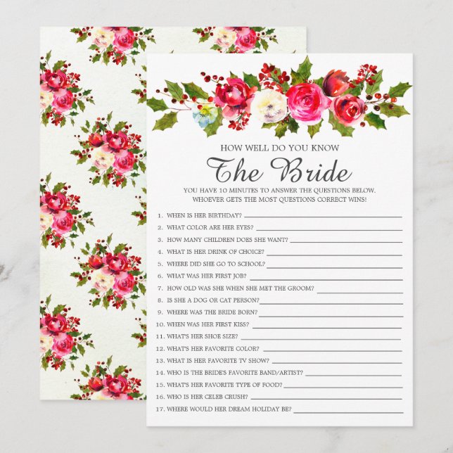 Invitación Holly Floral Qué Bien Conoce El Juego De La Novia (Anverso / Reverso)