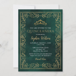 Invitación Holly Green Gold Princess Tiara Quinceañera