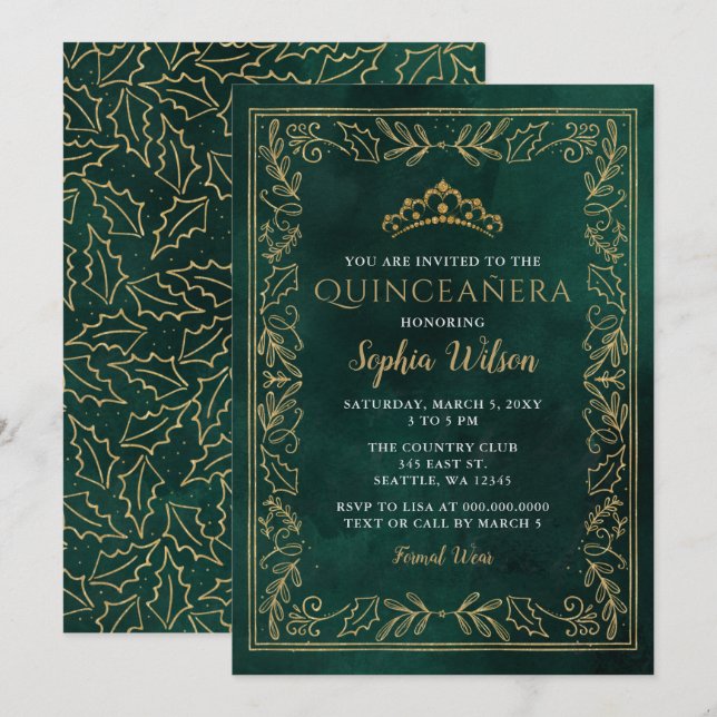 Invitación Holly Green Gold Princess Tiara Quinceañera (Anverso / Reverso)