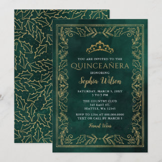 Invitación Holly Green Gold Princess Tiara Quinceañera