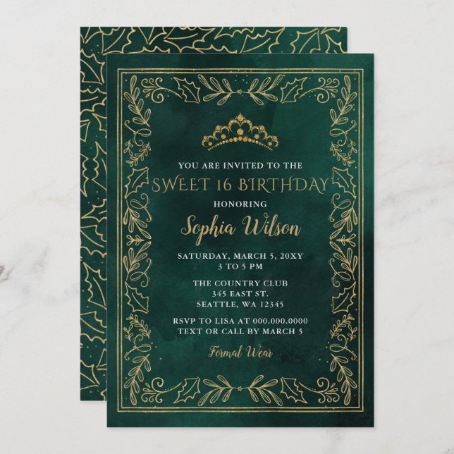 Invitación Holly Green Gold Princess Tiara Sweet 16 Cumpleaño (Anverso / Reverso)
