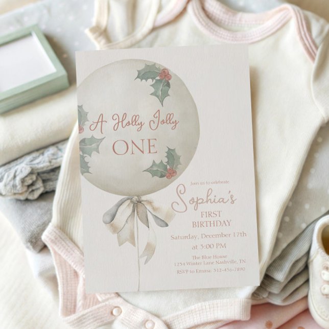 Invitación Holly Jolly ONE Christmas Vintage Balloon Birthday (Subido por el creador)