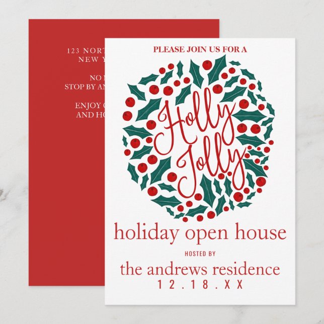 Invitación Holly Jolly Quote Leaf Berries Holiday Open House (Anverso / Reverso)