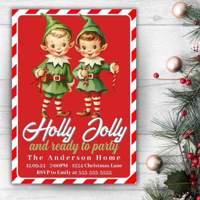 Invitación Holly Jolly Vintage Navidad (Holly Jolly Vintage Christmas Elves Holiday Party Invitation)