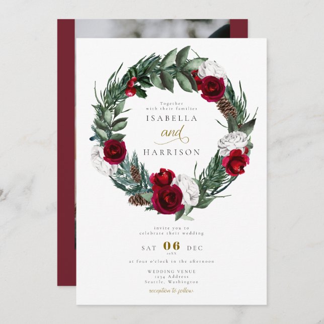 Invitación HOLLY Navidades Burgundy Boda de fotos con flores (Anverso / Reverso)