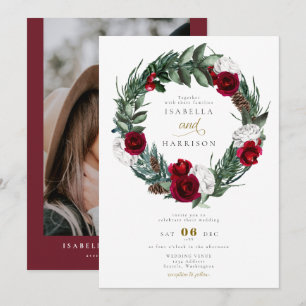 Invitación HOLLY Navidades Burgundy Boda de fotos con flores