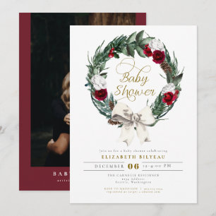 Invitación HOLLY Navidades Burgundy Floral Photo Baby Shower