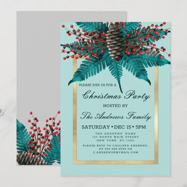 Invitación Holly Pine Cone Bouquet Gold Border Navidades (Anverso / Reverso)