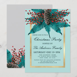 Invitación Holly Pine Cone Bouquet Gold Border Navidades