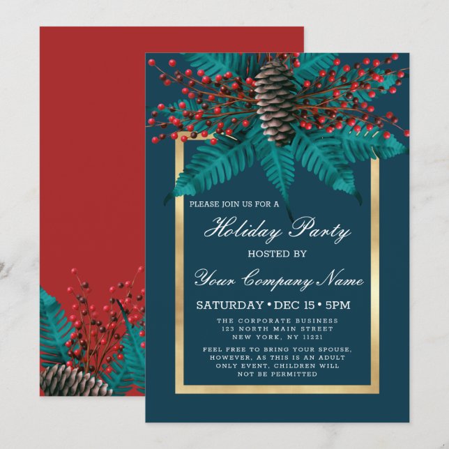 Invitación Holly Pine Cone Bouquet Gold Corporate Holiday (Anverso / Reverso)