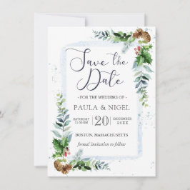 Invitación Holly Pine Cones Greenery Foliage Save the Date