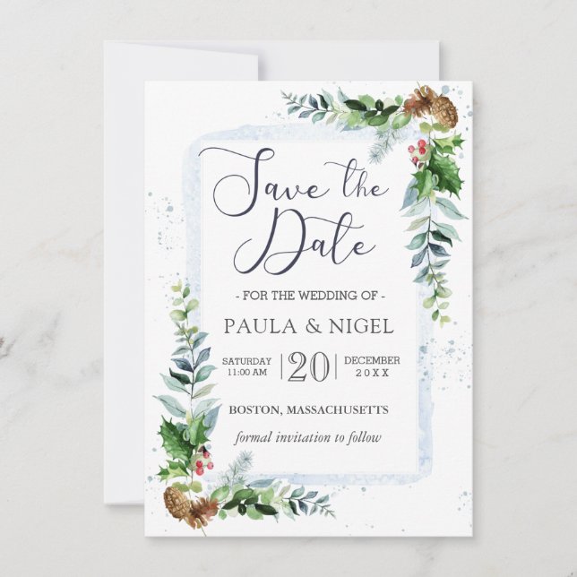 Invitación Holly Pine Cones Greenery Foliage Save the Date (Anverso)