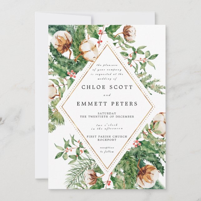 Invitación Holly Pine White Floral Winter Wedding (Anverso)