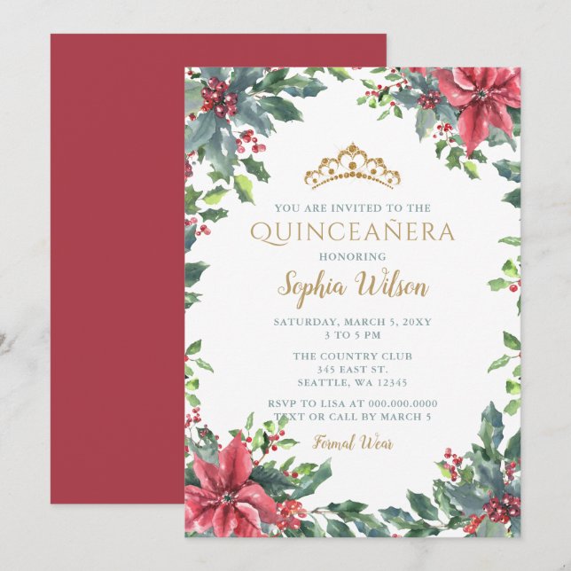 Invitación Holly Poinsettias Princesa de Oro Tiara Quinceañer (Anverso / Reverso)