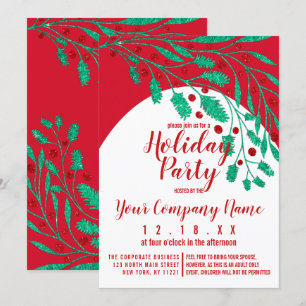 Invitación Holly, Purpurina Verde Rojo y vacaciones en el Ivy