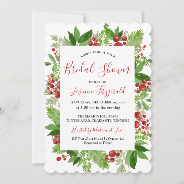 Invitación Holly Red Berry Navidades moderno | Bridal Shower (Anverso)