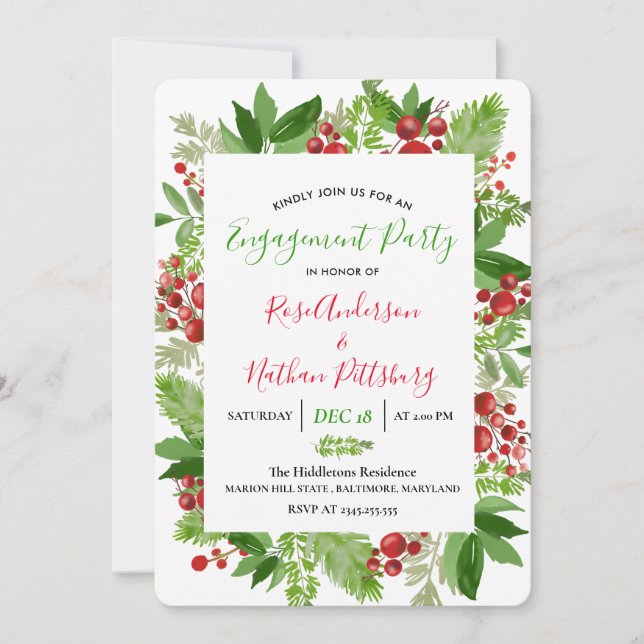 Invitación Holly Red Berry Navidades Partido de compromiso mo (Anverso)