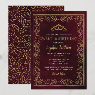 Invitación Holly Red Gold Princesa Tiara Sweet 16 cumpleaños