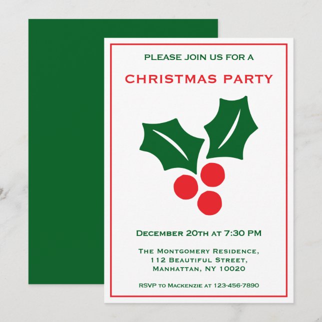 Invitación Holly Red White Y Green Name Fun Navidad Fiesta (Anverso / Reverso)