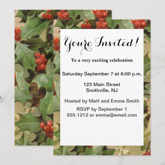 Invitación Holly Tree Navidades Holiday Vintage (Anverso / Reverso)