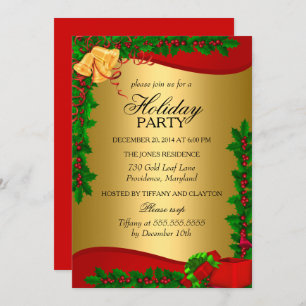 Invitación Holly verde rojo dorado deja feriado a Navidades a