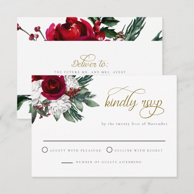 Invitación HOLLY Winter Navidades Burgundy Floral RSVP Card (Anverso / Reverso)