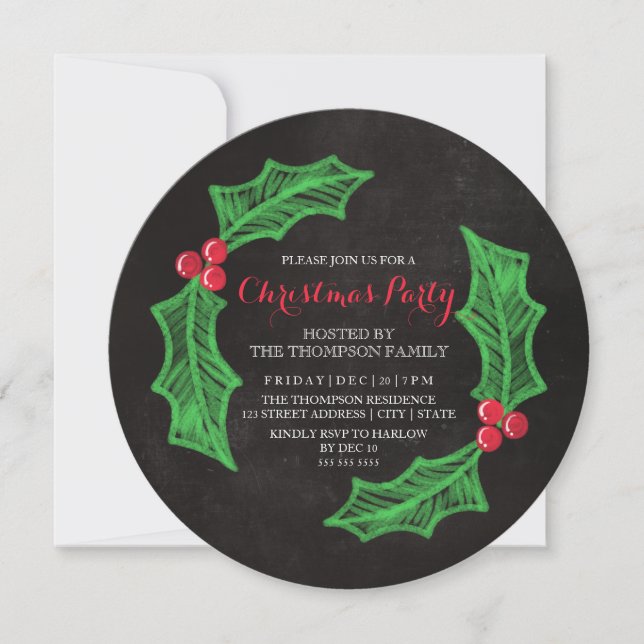 Invitación Holly Wreath Chalkboard Navidades Fiesta (Anverso)