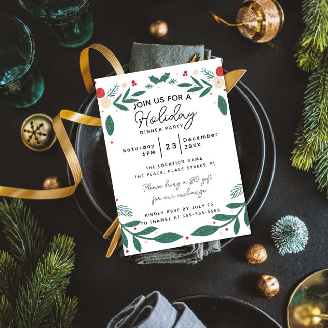 Invitación Holly Wreath Holiday Dinner Party Foliage Greenery (Subido por el creador)